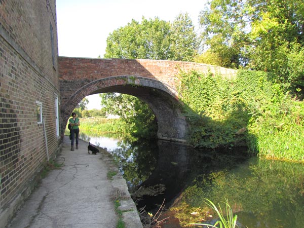 
A girl walks along the towpath with her dog. Nutshell house is right next to the towpath and the bridge in the background is made of red and blue bricks that seem to be patched.
